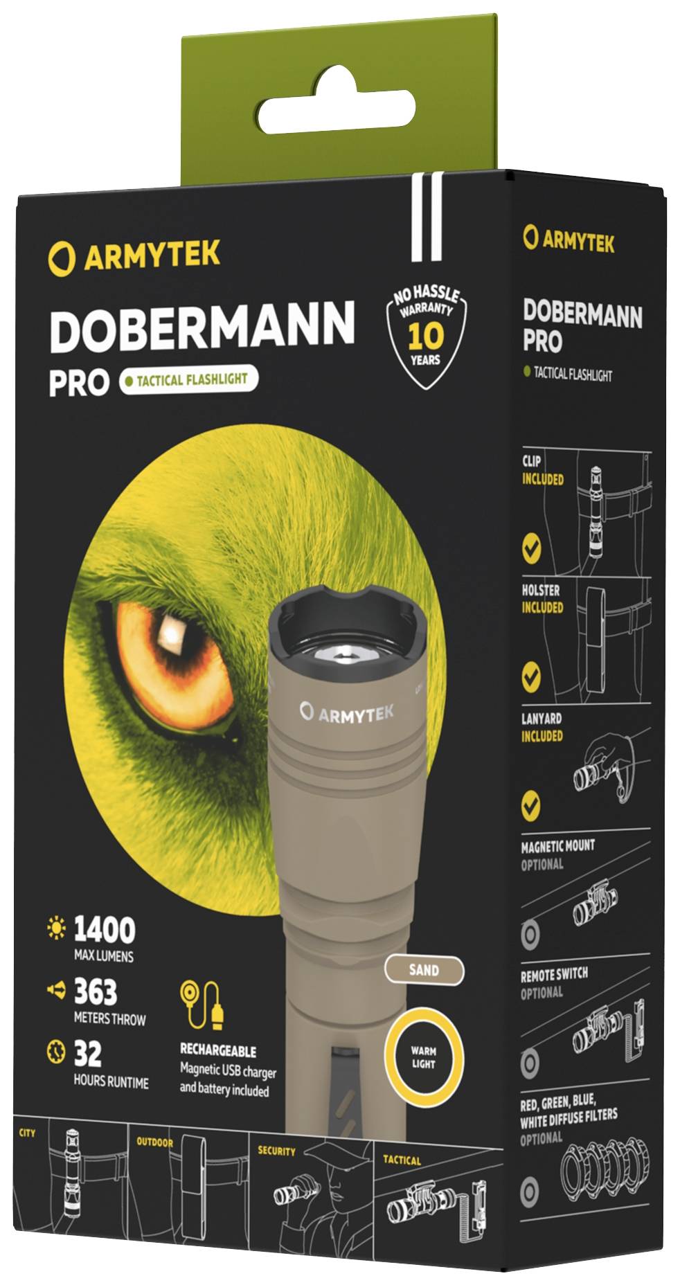 Balení svítilny Armytek Dobermann Pro v pískovém provedení. Detaily: 1400 lumenů, dosah 363 metrů, výdrž 32 hodin.