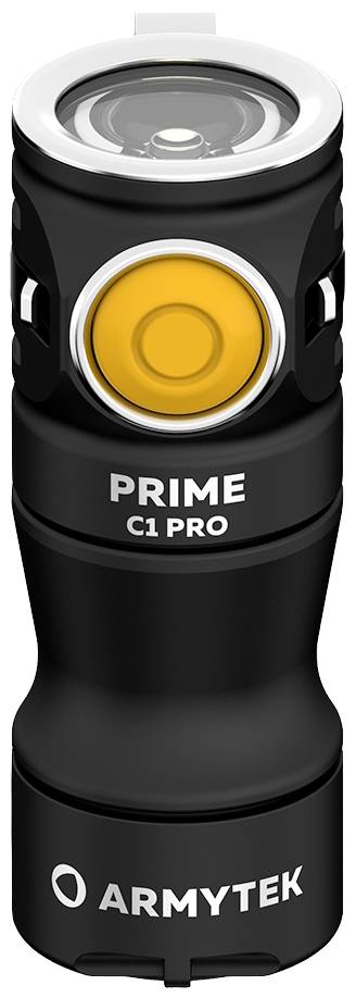 Černá svítilna s žlutým tlačítkem, označená nápisem 'PRIME C1 PRO' a 'ARMYTEK'.