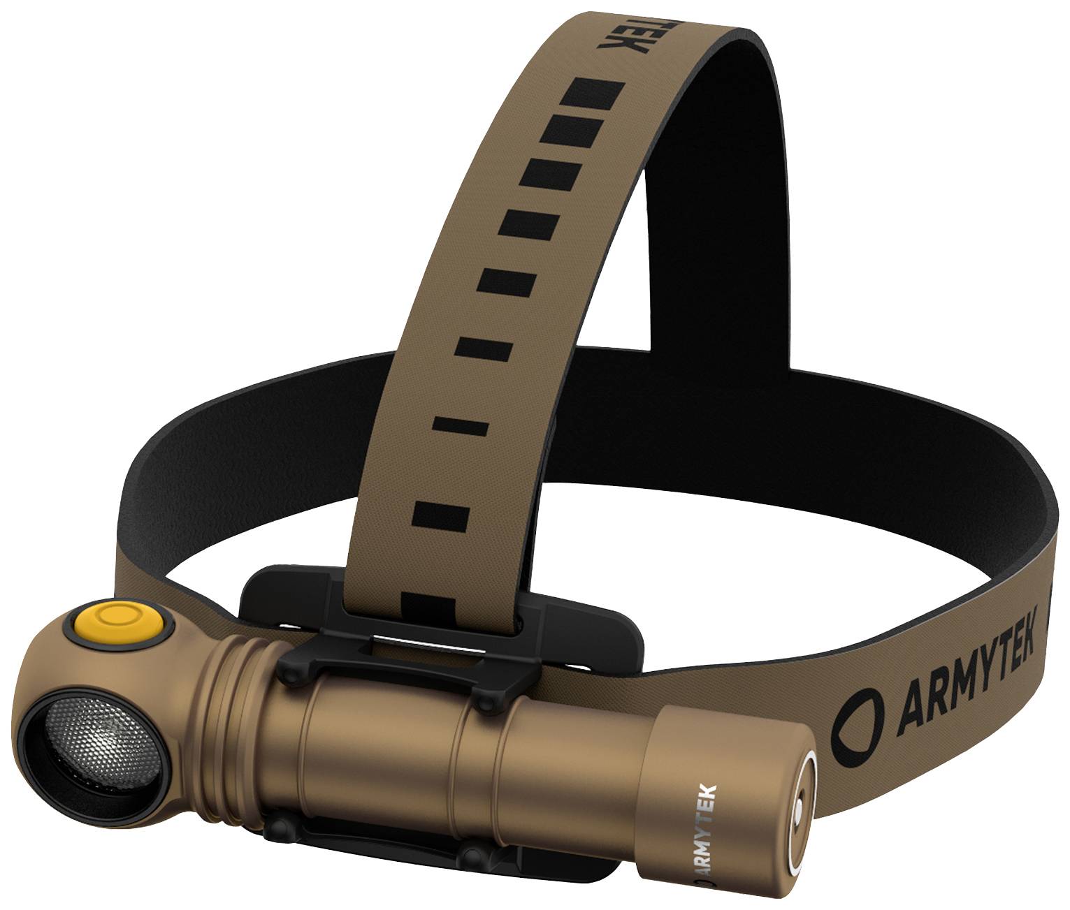 Hnědá čelová svítilna s nastavitelným popruhem a bočním spínačem zapnutí/vypnutí. Na straně je vyznačeno logo 'ARMYTEK'.