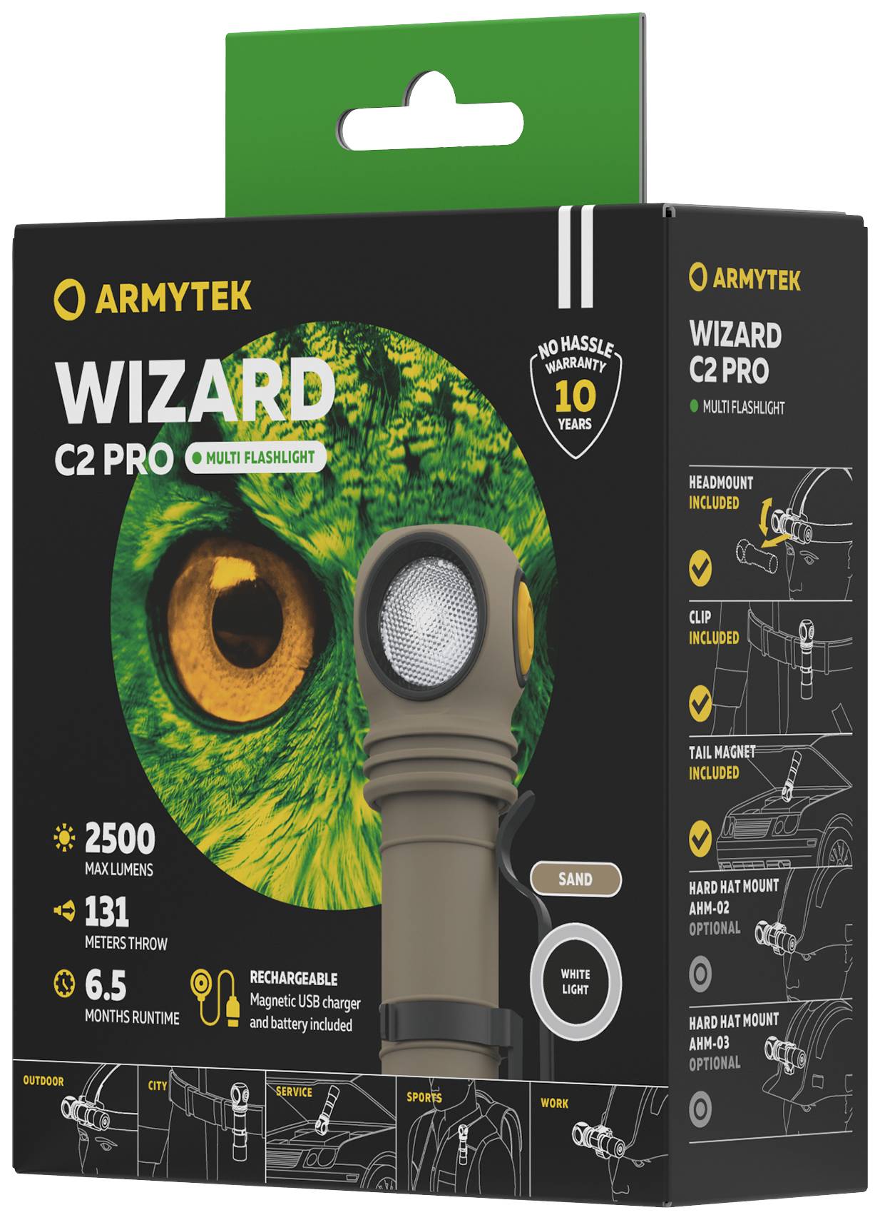 Balení čelovky 'Armytek Wizard C2 Pro'. Specifikace: 2500 lumenů, dosah 131 metrů, výdrž 6,5 měsíce, dobíjecí. Včetně příslušenství.