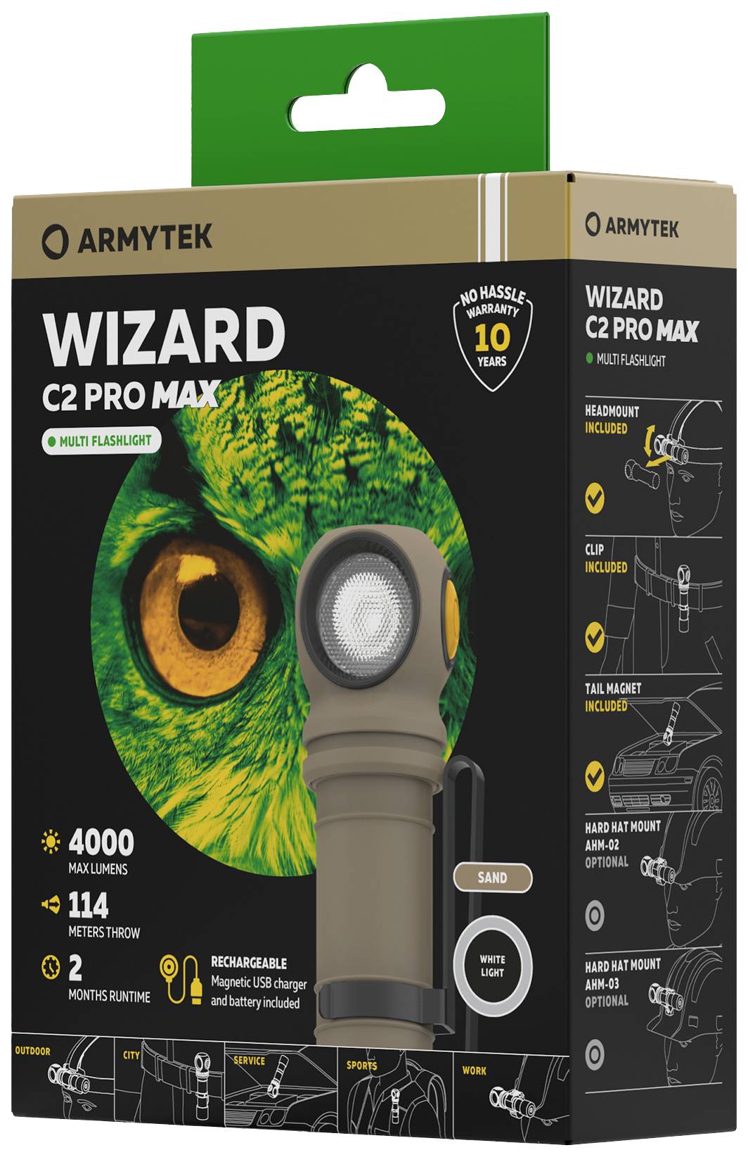Balení kapesní svítilny 'Wizard C2 Pro Max' od Armyteku. Vlastnosti: 4000 lumenů, dosah 114 metrů, dobíjitelná. Obsahuje držák a klip. 10 let záruky. Na pozadí je zobrazen sova.
