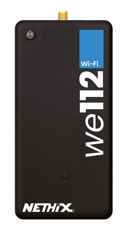 Černé zařízení s nápisem 'WiFi We112' a logem 'Nethix', pravděpodobně technický výrobek s funkcí WiFi.