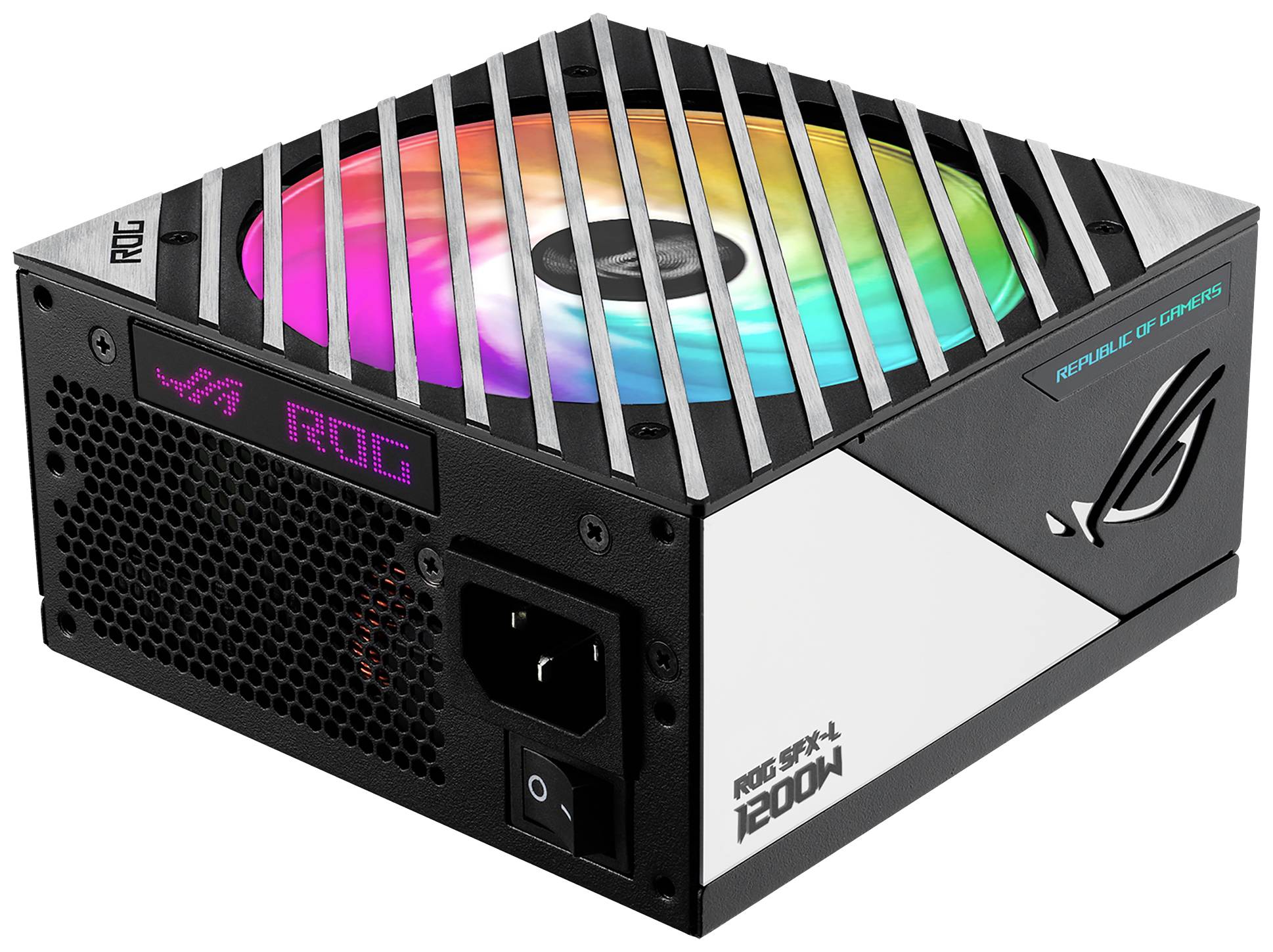 Počítačový zdroj s RGB podsvícením, logem značky a údajem o výkonu 1200W. Obsahuje ventilátor na horní straně a konektory na přední straně.