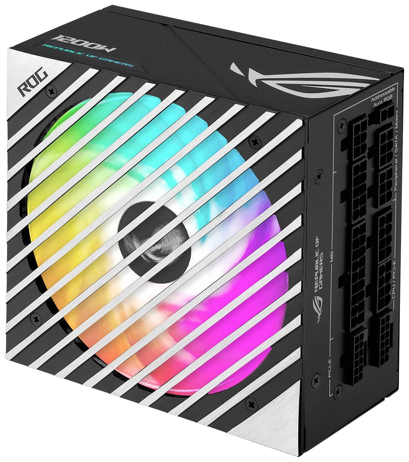 Počítačový zdroj s RGB podsvícením a několika připojovacími možnostmi. Označení: '1200W'.
