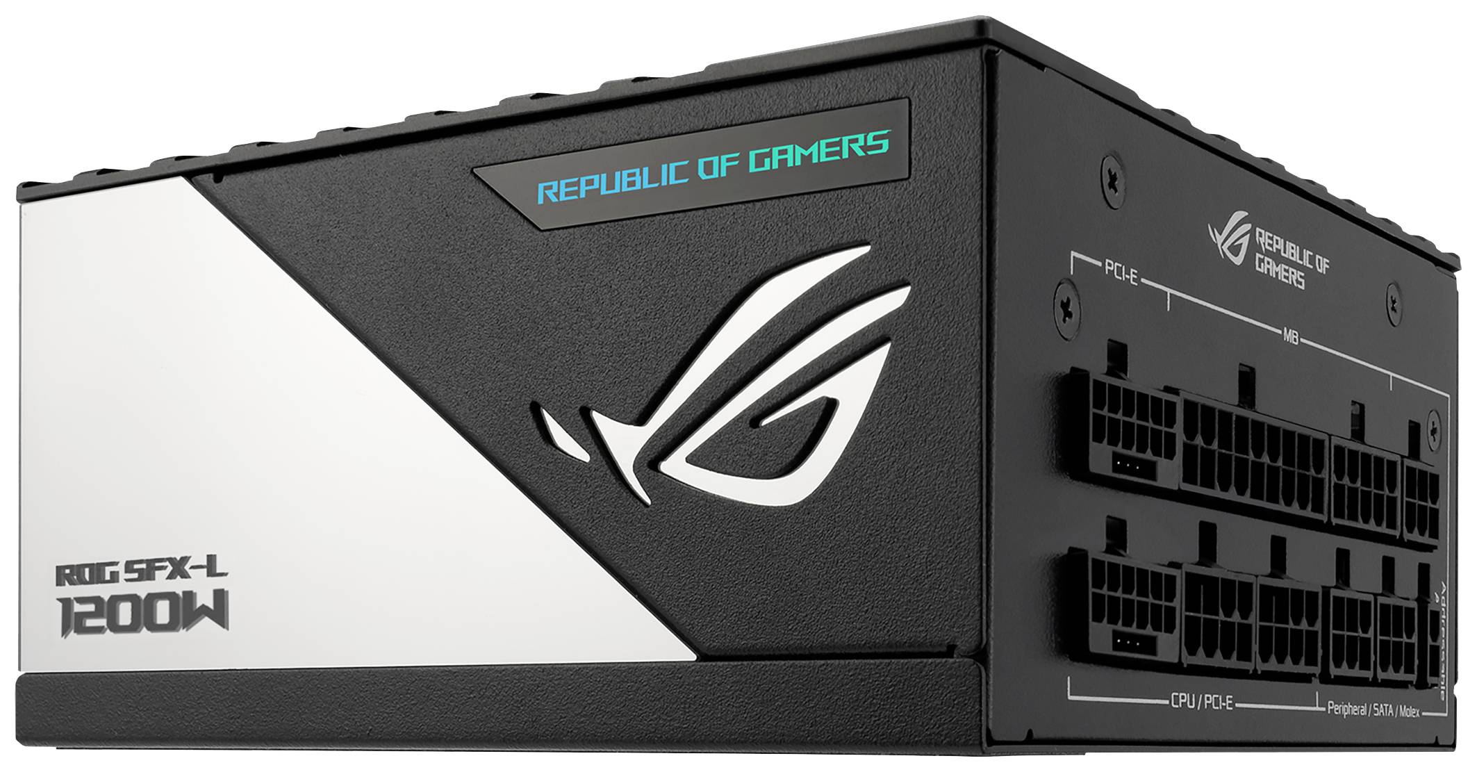 Napájecí zdroj 'ROG SFX-L 1200W' od Republic of Gamers s černým designem a modrými akcenty, zobrazující několik konektorů na straně.