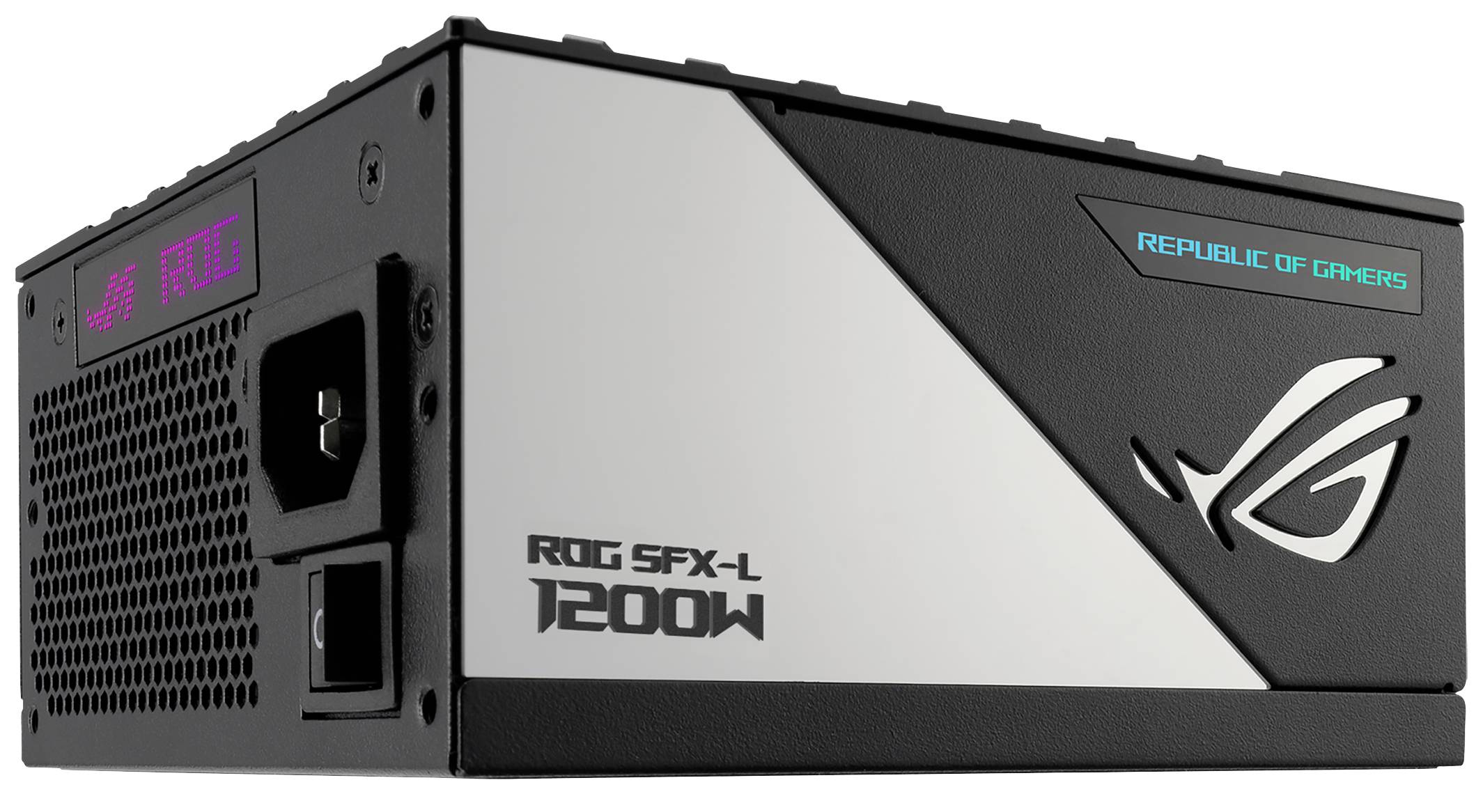 Síťový zdroj s nápisem 'ROG SFX-L 1200W', černobílým designem, podsvíceným logem a nápisem 'Republic of Gamers'.