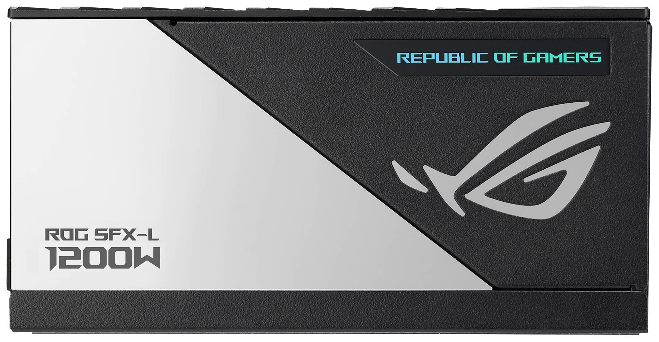 Černý a stříbrný počítačový zdroj s logem a textem 'ROG SFX-L 1200W' a 'Republic of Gamers'.