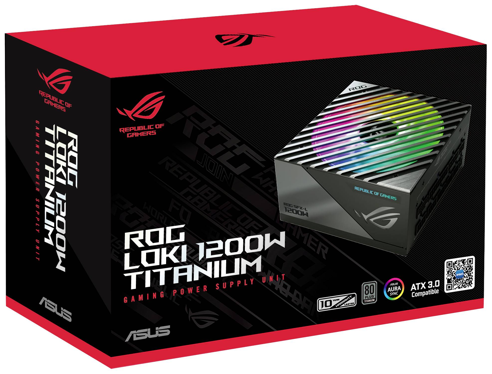 Obal napájecího zdroje ASUS ROG Loki 1200W Titanium s RGB podsvícením. Obsahuje detaily o výkonu, certifikaci 80 Plus Platinum a kompatibilitě s ATX 3.0.