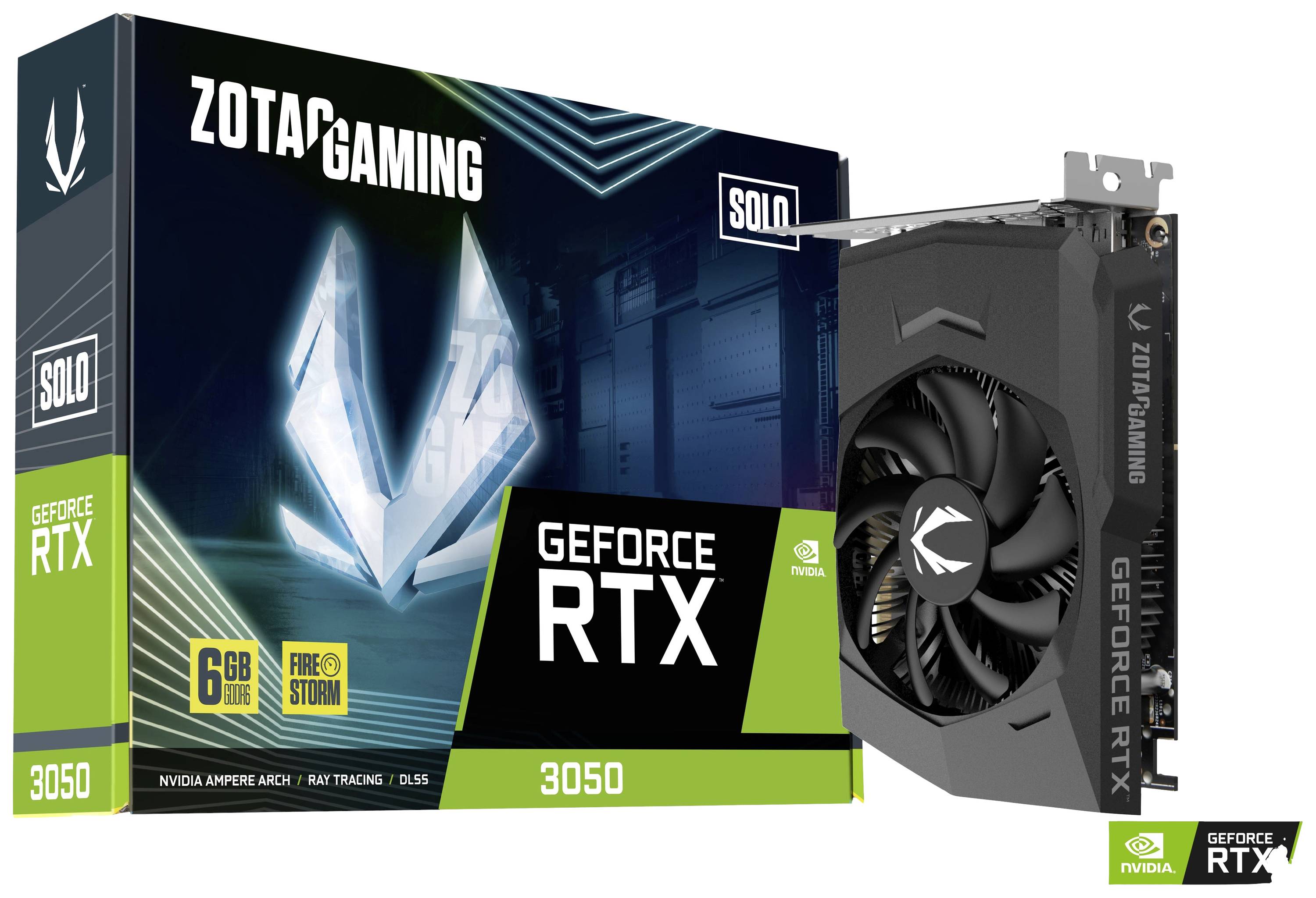 Grafická karta ZOTAC GeForce RTX 3050 vedle svého obalu. Krabice zdůrazňuje vlastnosti jako 6GB paměti, architekturu Ampere a technologii DLSS.