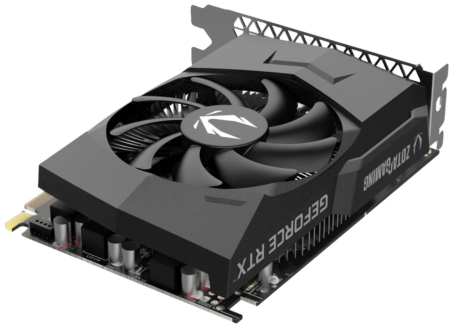 Černá grafická karta RTX s velkým ventilátorem a několika bočními konektory. Vhodná pro výkonné počítačové aplikace.