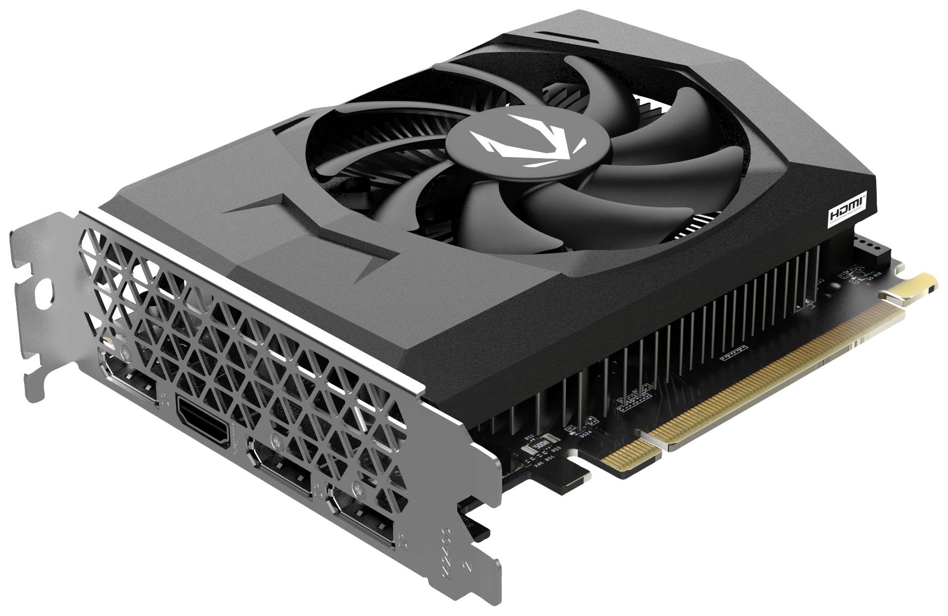 Černá grafická karta s ventilátorem a několika konektory, včetně HDMI, navržená pro výkon počítače a zpracování obrazu.