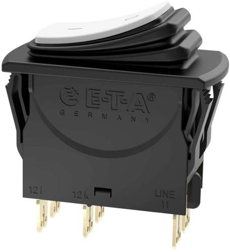 Černý páčkový spínač s bílou páčkou, na přední straně logo značky 'E-T-A Germany', zobrazující připojovací kolíky na spodní straně.