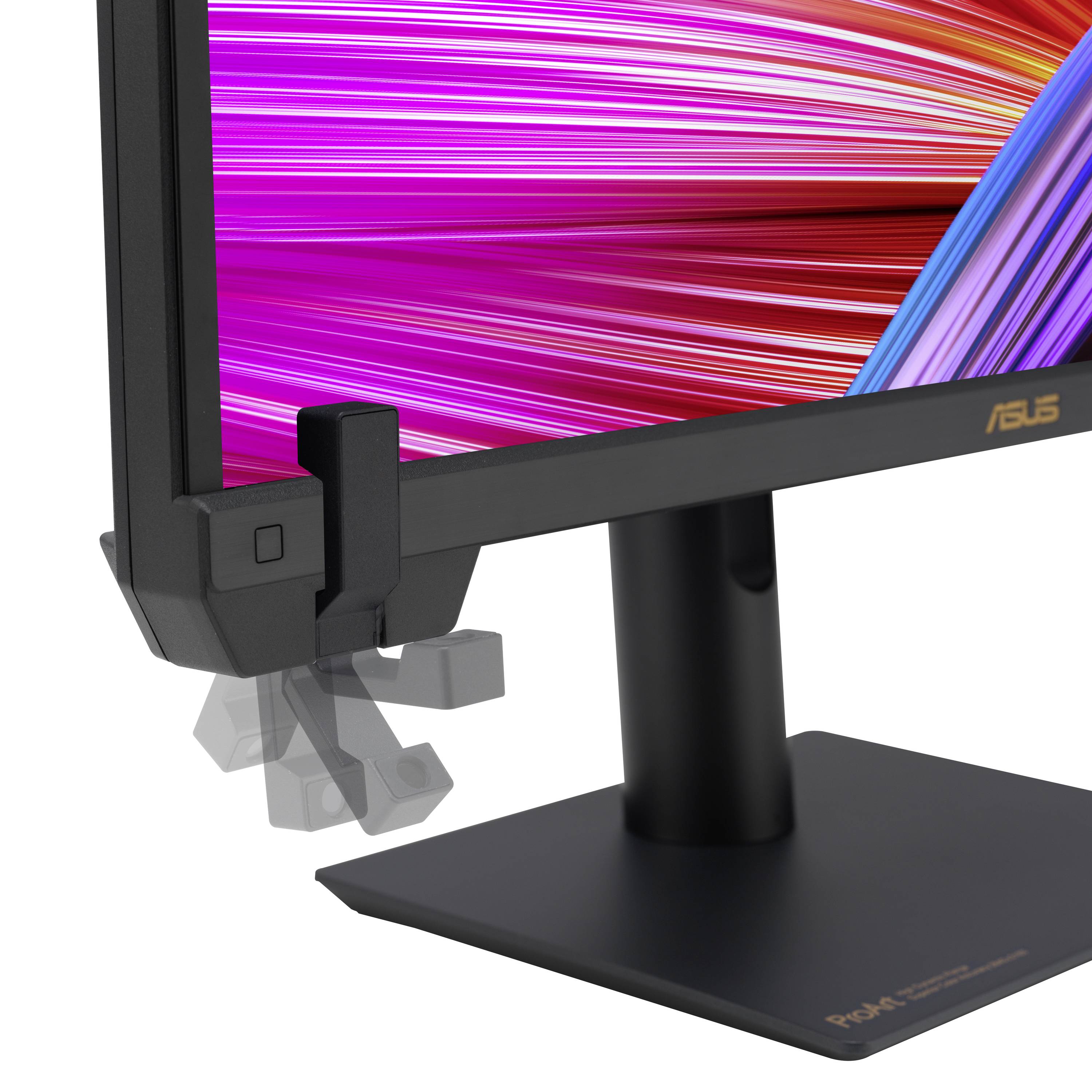 Monitor ASUS s živými, barevnými pruhy na obrazovce. Upevněný na držáku stojí na stabilní podstavě.