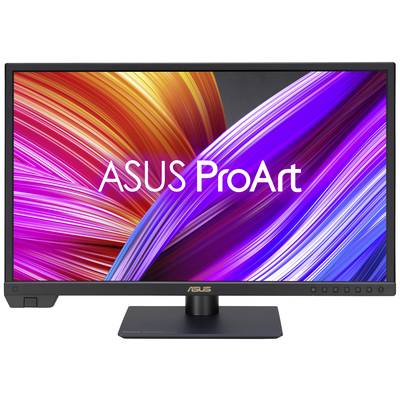Monitor ASUS ProArt s barevným pozadím z křivých, pestrobarevných linek v odstínech fialové, oranžové a modré.
