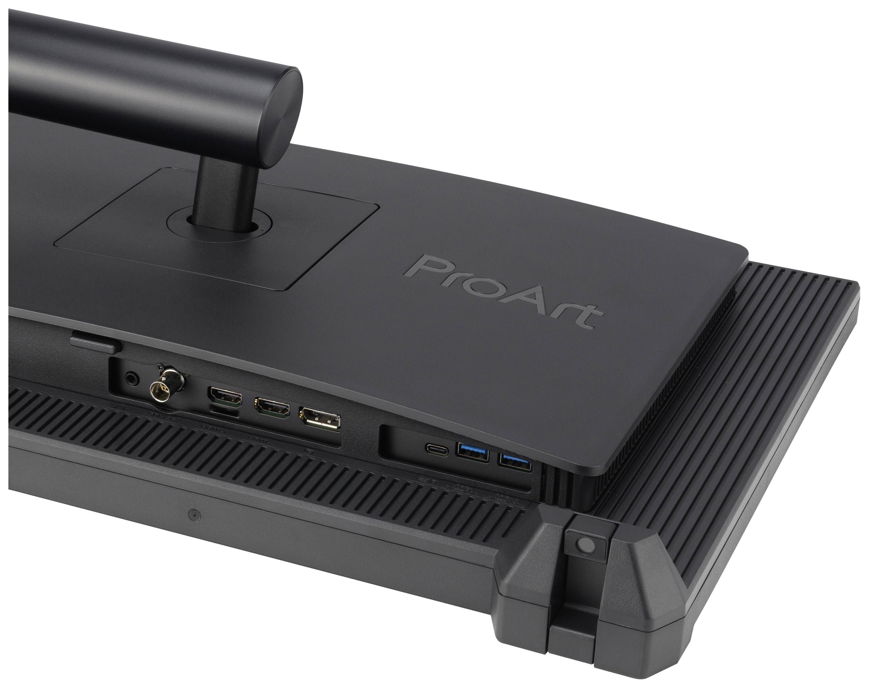 Zadní strana monitoru s různými porty, včetně HDMI, DisplayPort, USB a audia.
