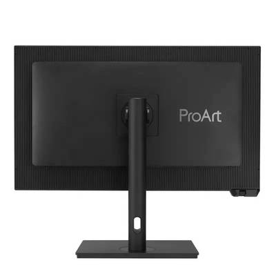 Zadní pohled na černý počítačový monitor s nápisem 'ProArt'. Monitor je umístěn na stabilním, obdélníkovém stojanu.