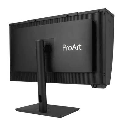 Černý monitor pohled zezadu, s nápisem 'ProArt' na zadní straně. Má stabilní černý podstavec.