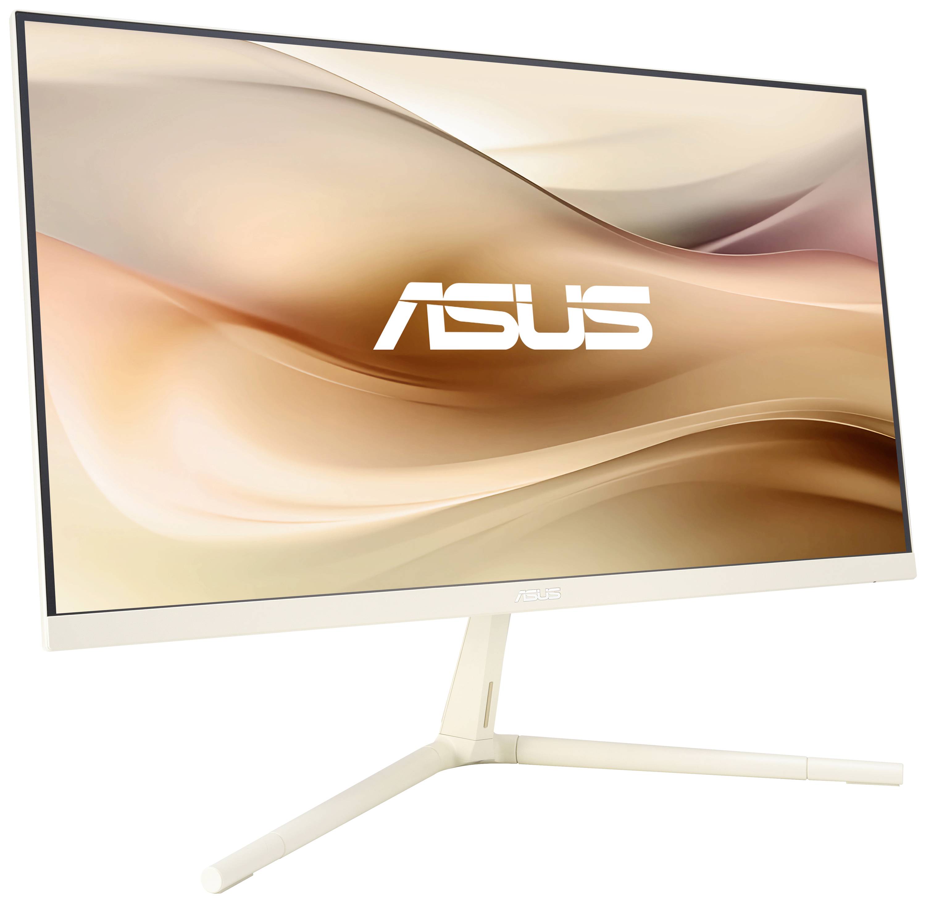 Plochý monitor Asus s úzkým rámečkem, který zobrazuje abstraktní pozadí v béžových a zlatých tónech.