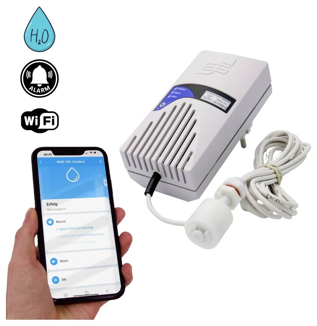 Detektor úniku vody s připojením Wi-Fi je zobrazen. Smartphone zobrazuje rozhraní aplikace detektoru, které ukazuje stav zařízení.