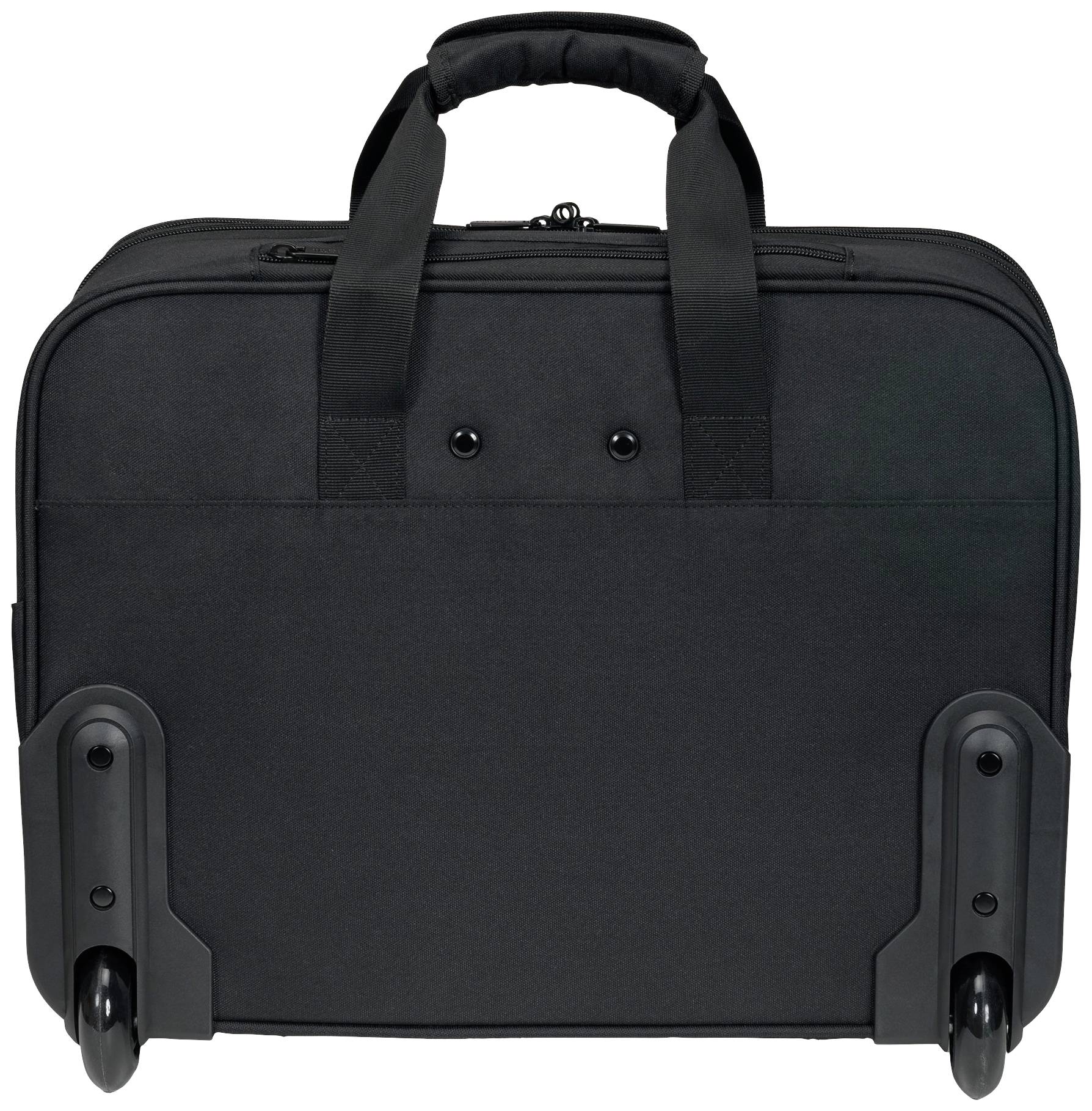 Černá, pojízdná aktovka se dvěma kolečky a rukojeťmi, vhodná pro přepravu laptopů a dokumentů.
