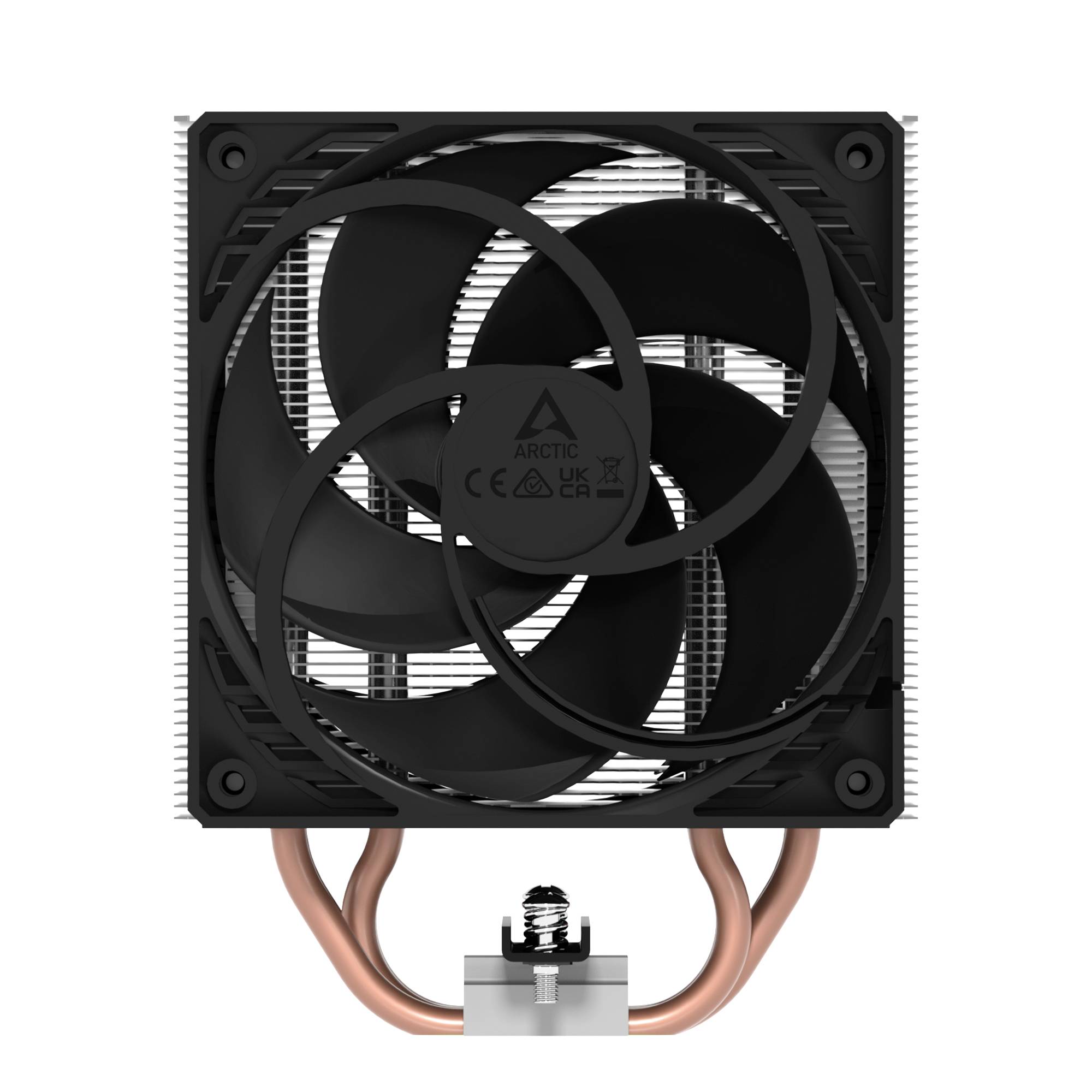 Černý počítačový ventilátor se třemi velkými lopatkami a dvěma měděnými trubkami, používaný k chlazení v počítačích.