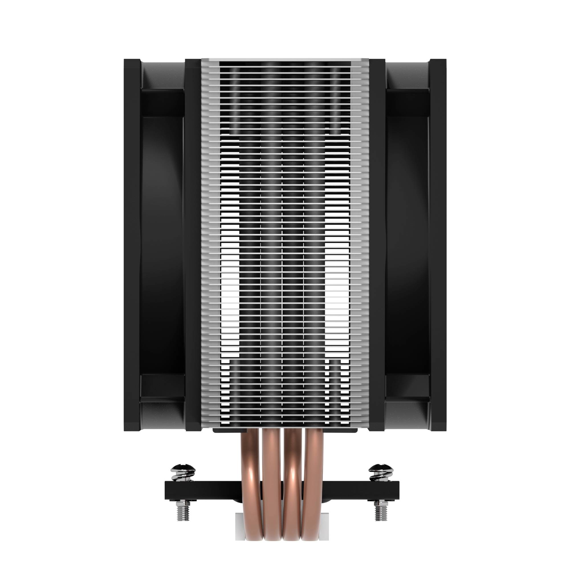 Chladič CPU s několika měděnými tepelnými trubicemi a hliníkovými lamelami, záběr zepředu. Na obou stranách jsou připevněny ventilátory.