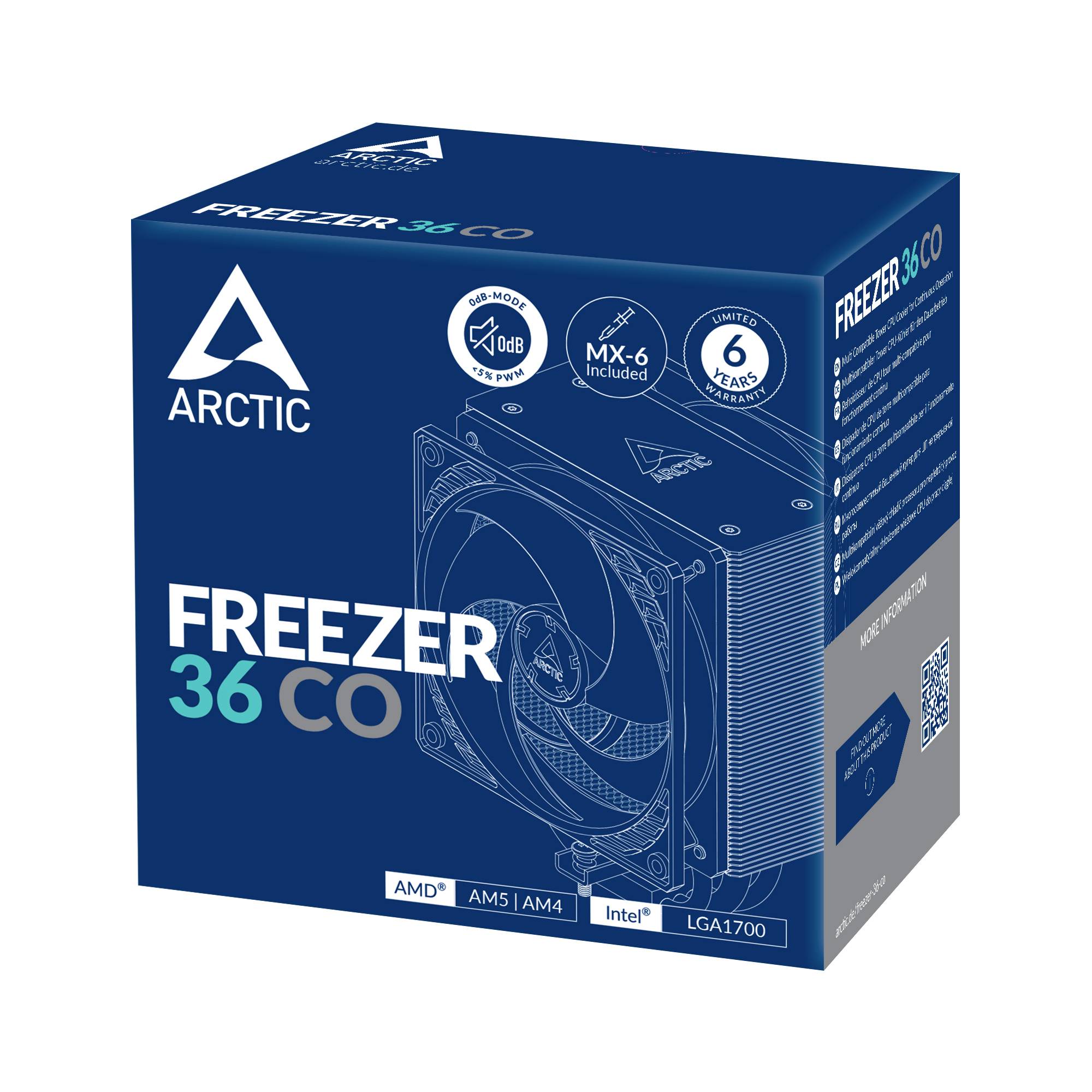 Kartonová krabice chladiče CPU Arctic Freezer 36 CO s detaily kompatibility (AMD, Intel) a speciálními vlastnostmi (tichý, včetně tepelné pasty MX-6).