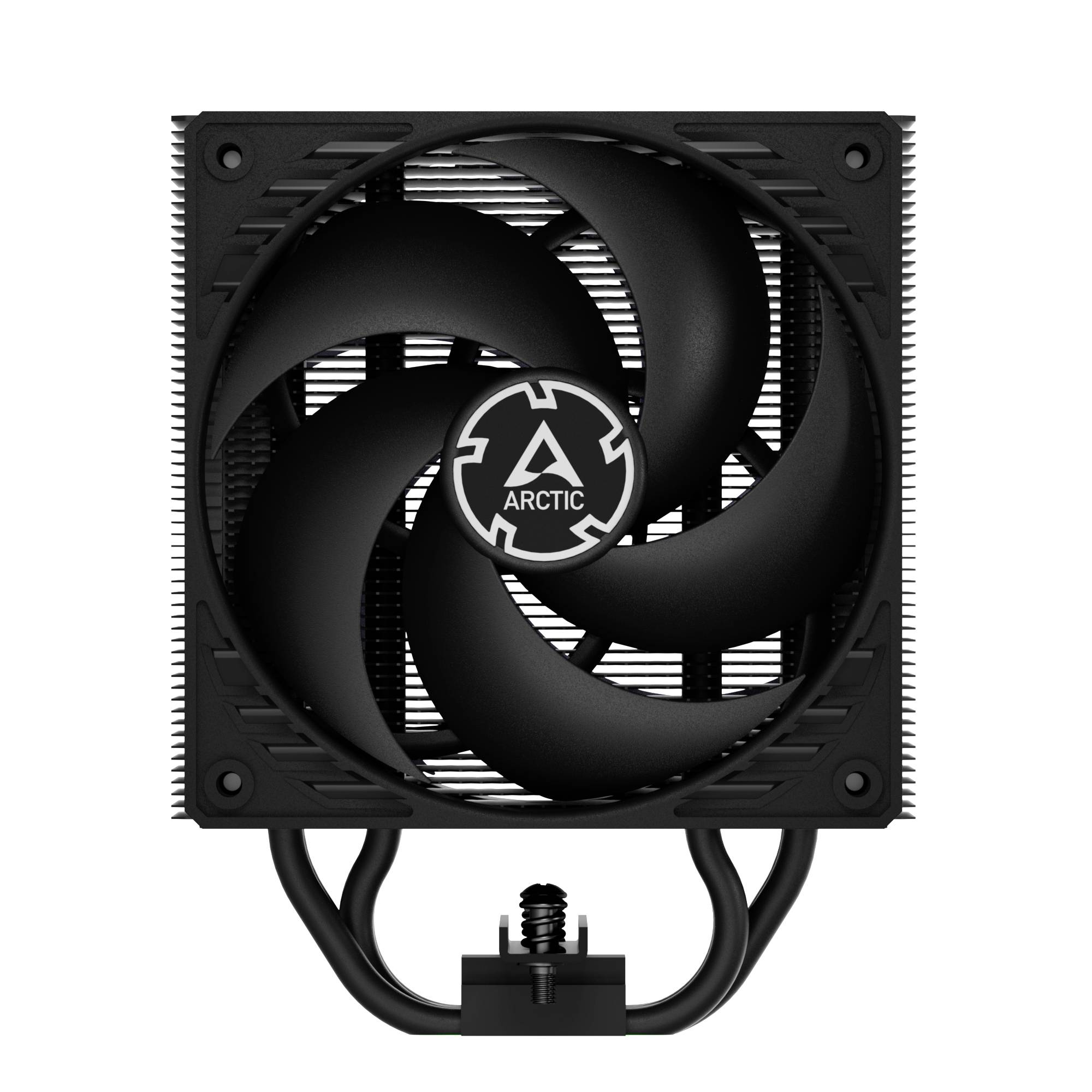 Černý chladič CPU s velkým ventilátorem a logem 'Arctic' uprostřed, vhodný pro chlazení počítačových procesorů.