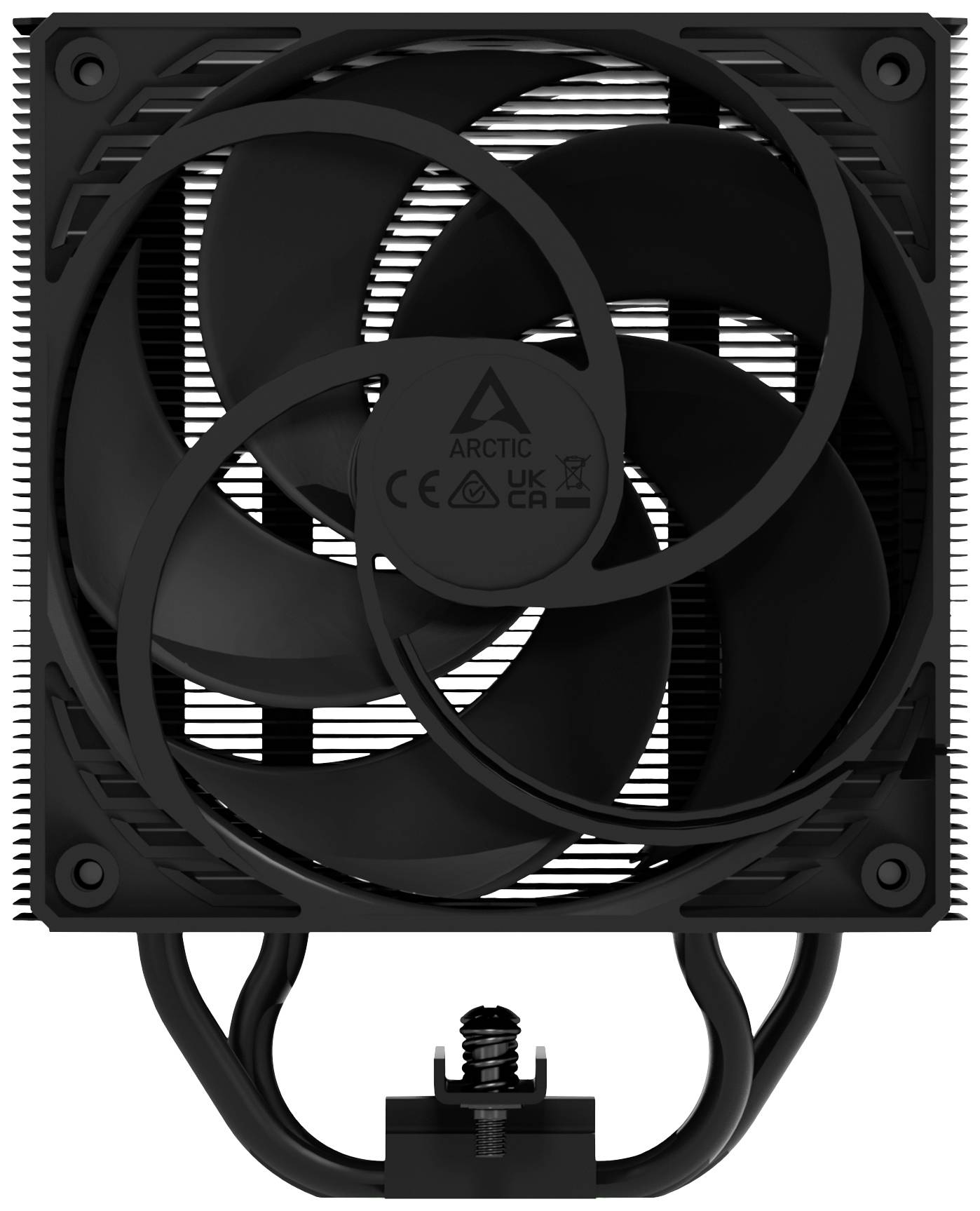 Černý počítačový ventilátor, obdélníkového tvaru, se třemi lopatkami a chladicími žebry, s trojúhelníkovým logem uprostřed.