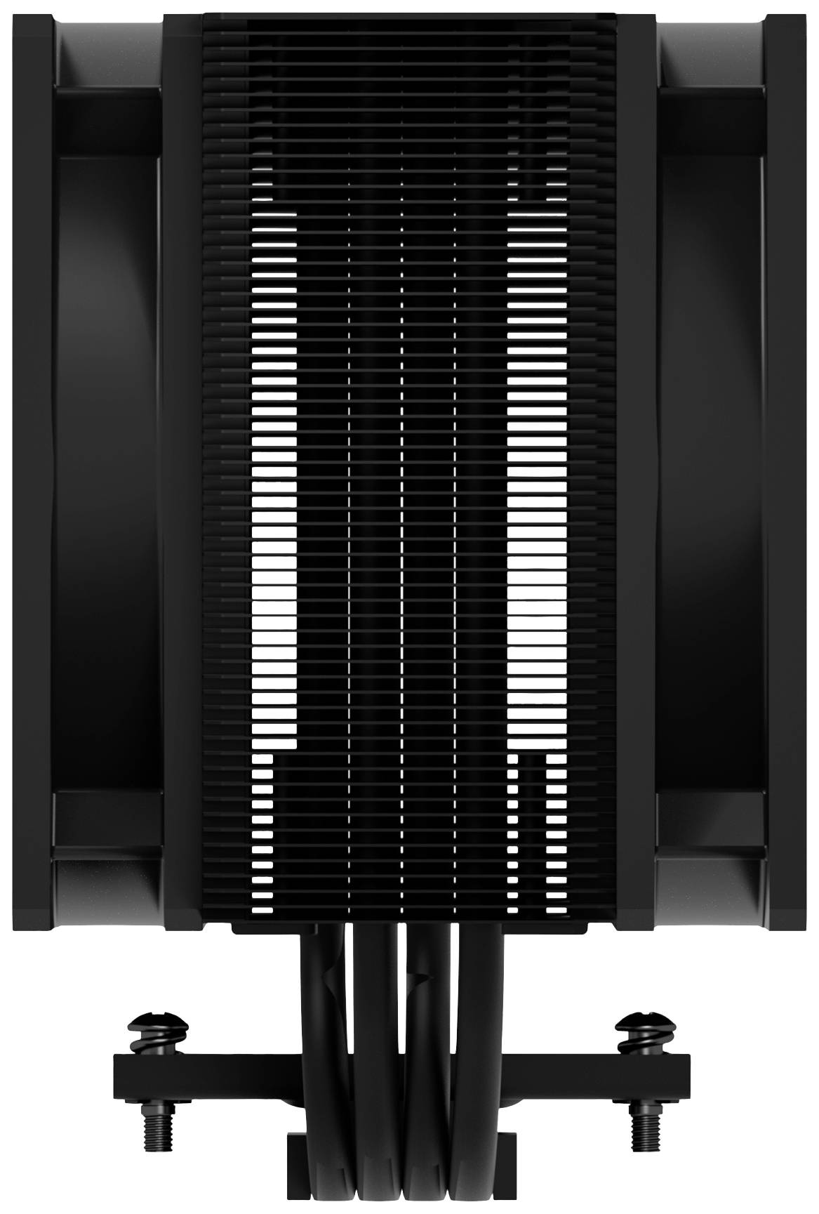 Černý chladič CPU se dvěma ventilátory a několika chladicími žebry, pohled zepředu.
