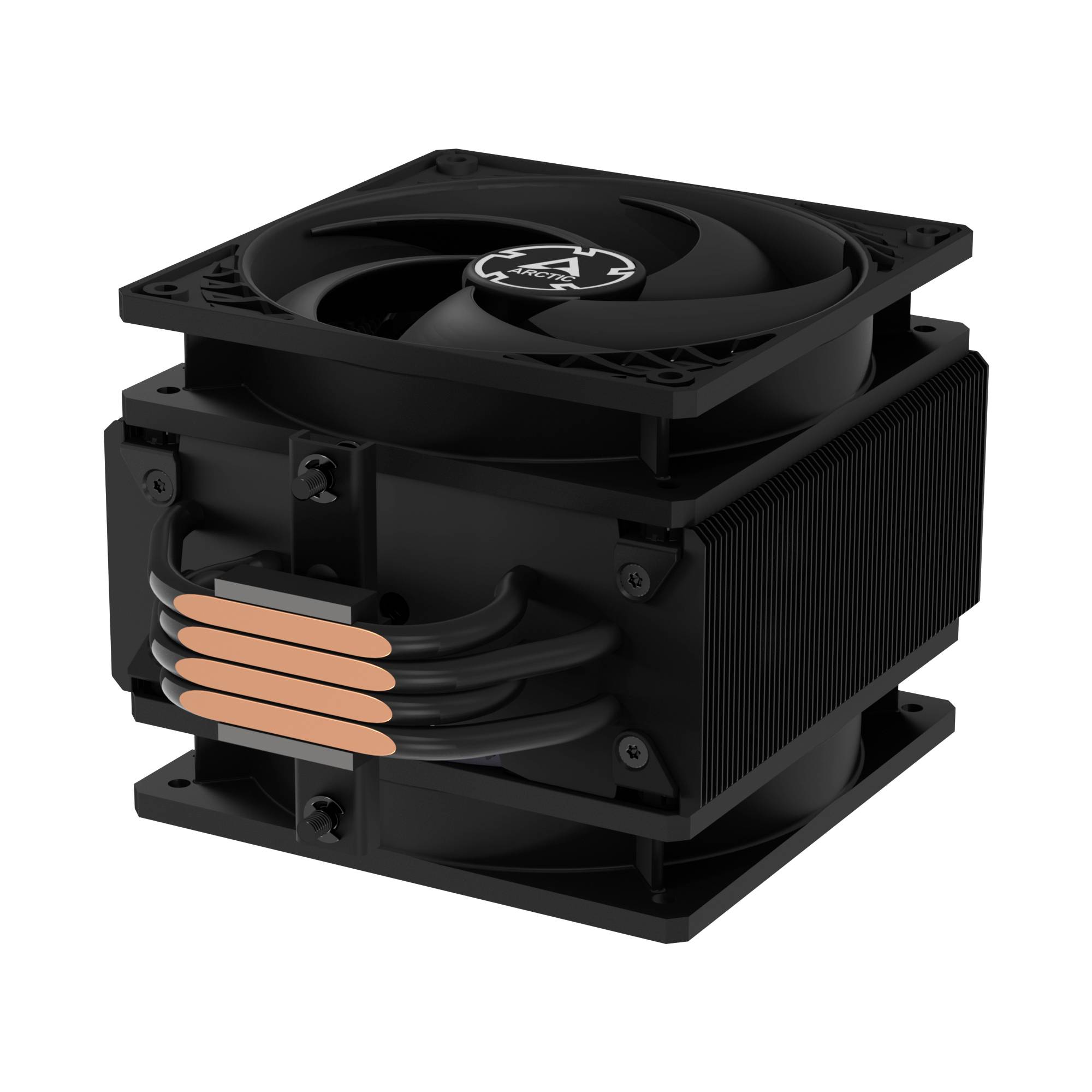Čtvercový černý chladič procesoru PC se dvěma ventilátory a několika měděnými tepelnými trubicemi určenými pro chlazení počítačových procesorů.