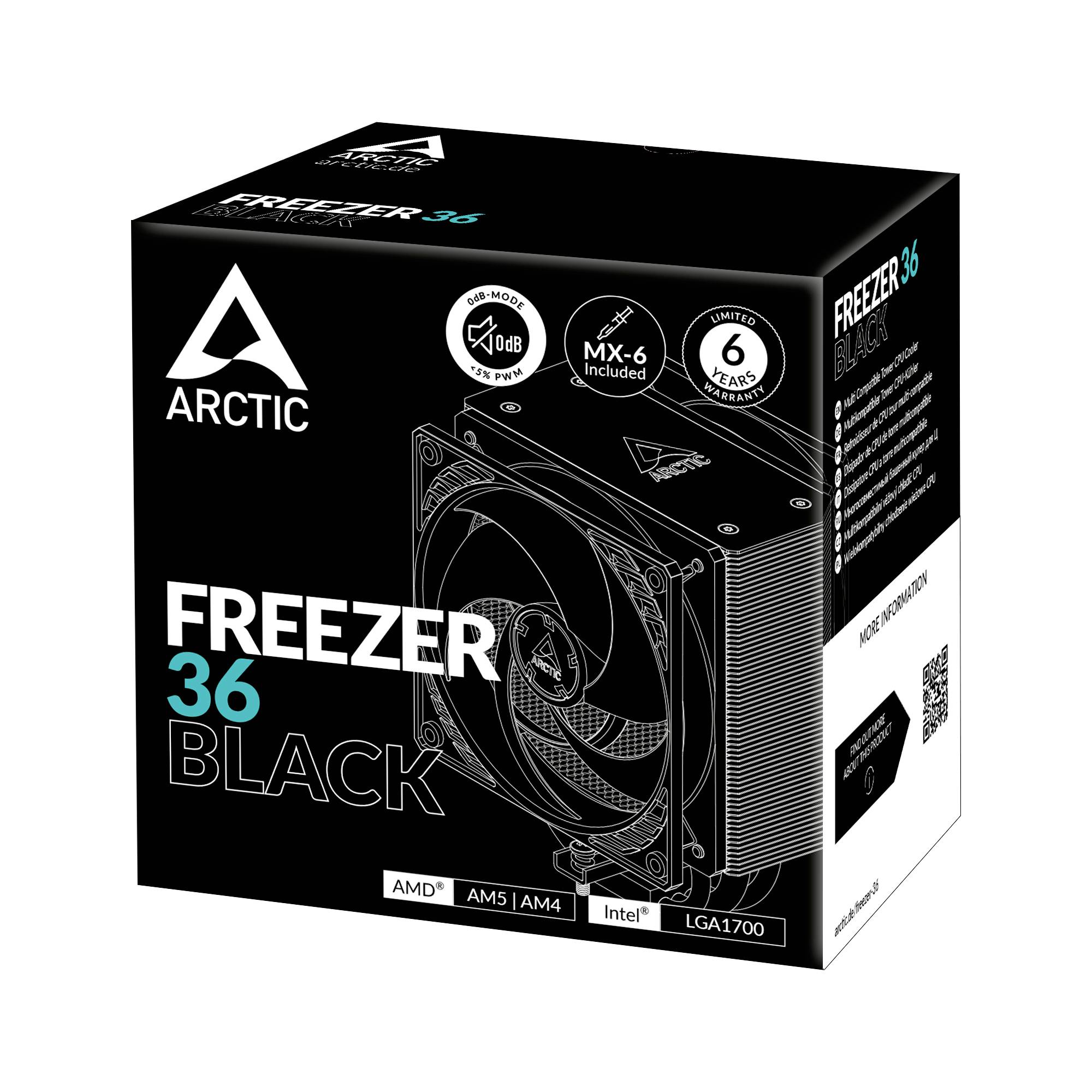 Chladič CPU Arctic Schwarzer Freezer 36, tichý ventilátor, kompatibilní s AMD AM5/AM4, Intel LGA1700, 6 let záruky.