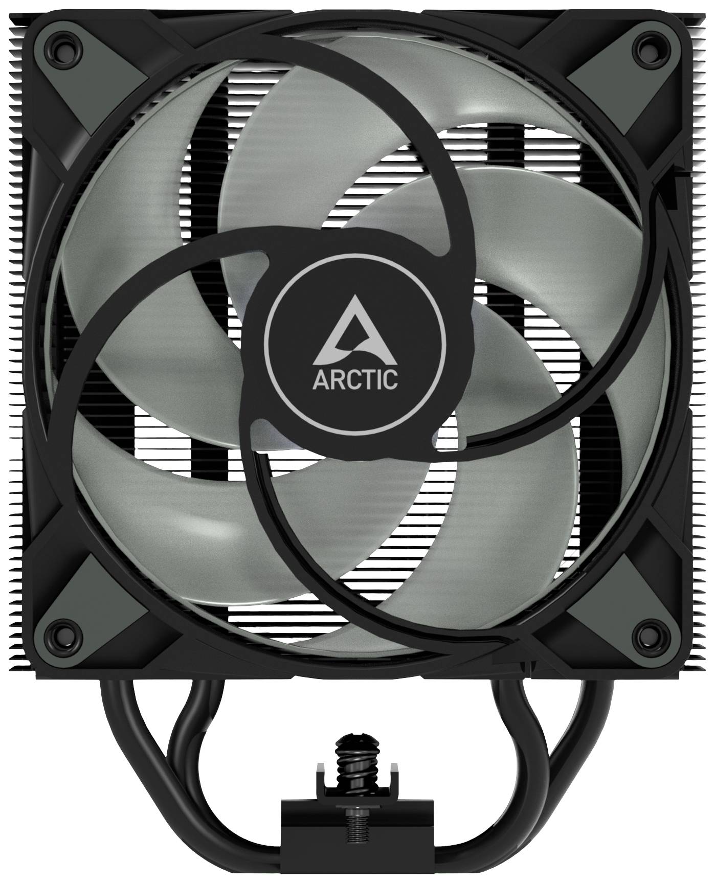 Černý počítačový ventilátor s šedou vrtulí značky Arctic, upevněný na chladiči, zobrazený z čelního pohledu.
