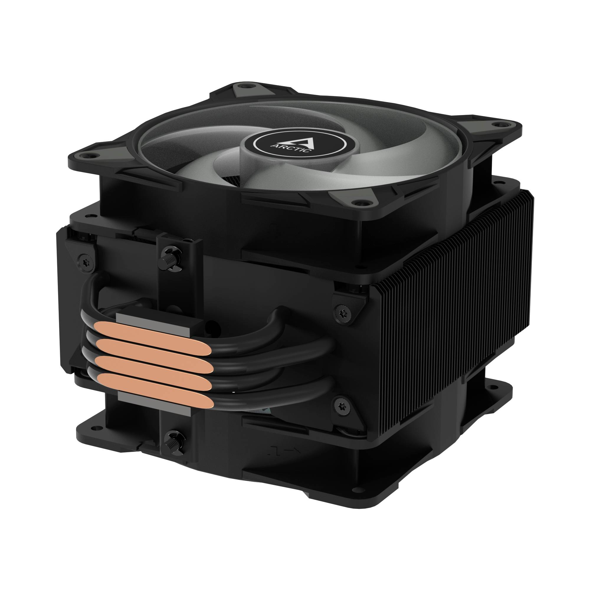 Černý, čtvercový chladič CPU s ventilátorem a měděnými trubkami. Vyvinut pro efektivní odvod tepla v počítačích.