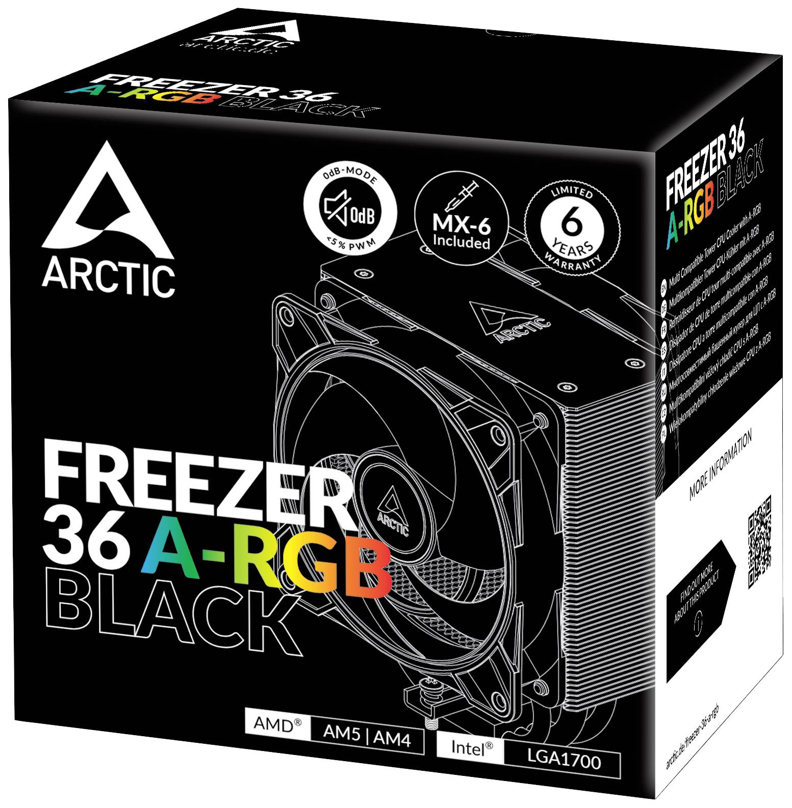 Černý produktový obal chladiče CPU 'Arctic Freezer 36 A-RGB Black' s tichým výkonem a šestiletou zárukou. Kompatibilní s procesory AMD a Intel.
