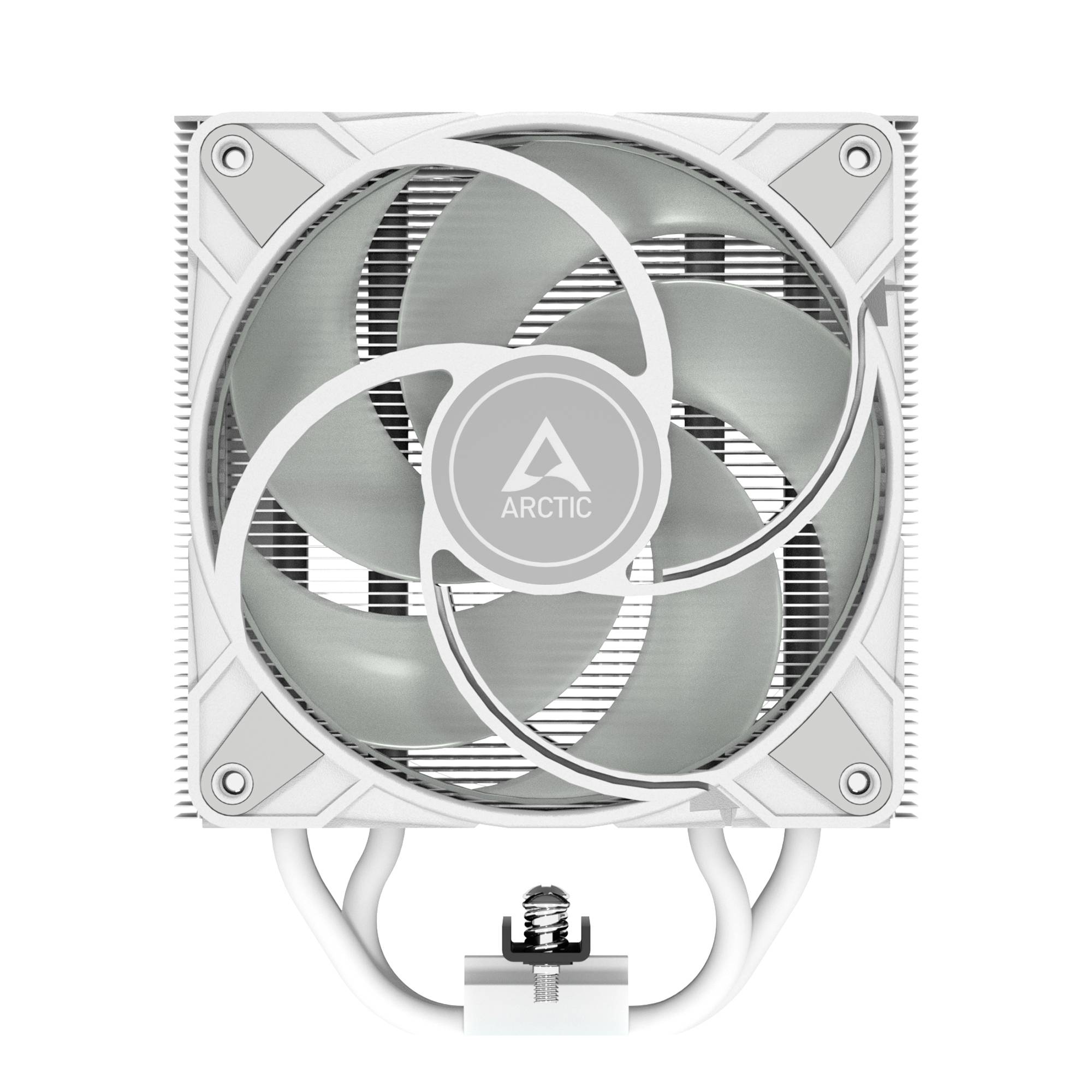 Bílý chladič CPU od společnosti Arctic s velkým ventilátorem uprostřed, navržený pro efektivní chlazení počítačových procesorů.