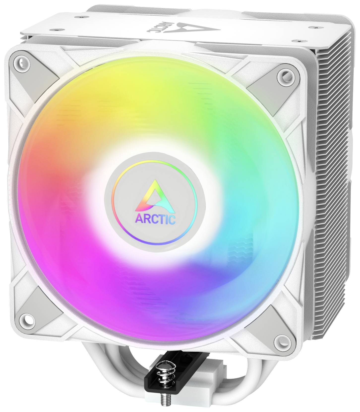 Chladič CPU s velkým ventilátorem, osvětlený v duhovových barvách. Uprostřed logo značky 'Arctic'.