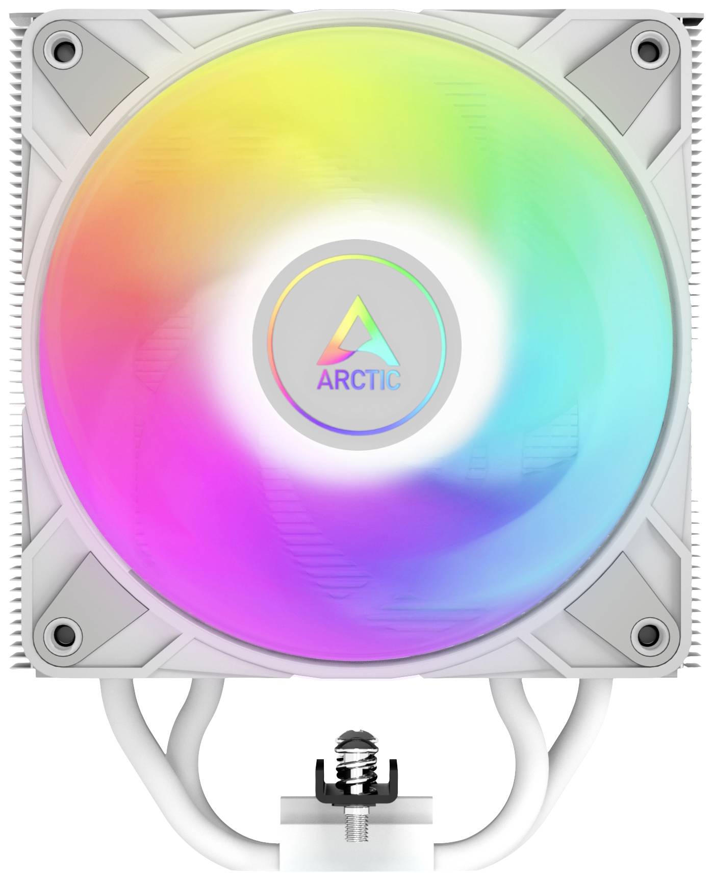 Bílý chladič CPU od společnosti Arctic s velkým svítícím vícebarevným ventilátorem. Ideální pro zlepšení chlazení počítače.