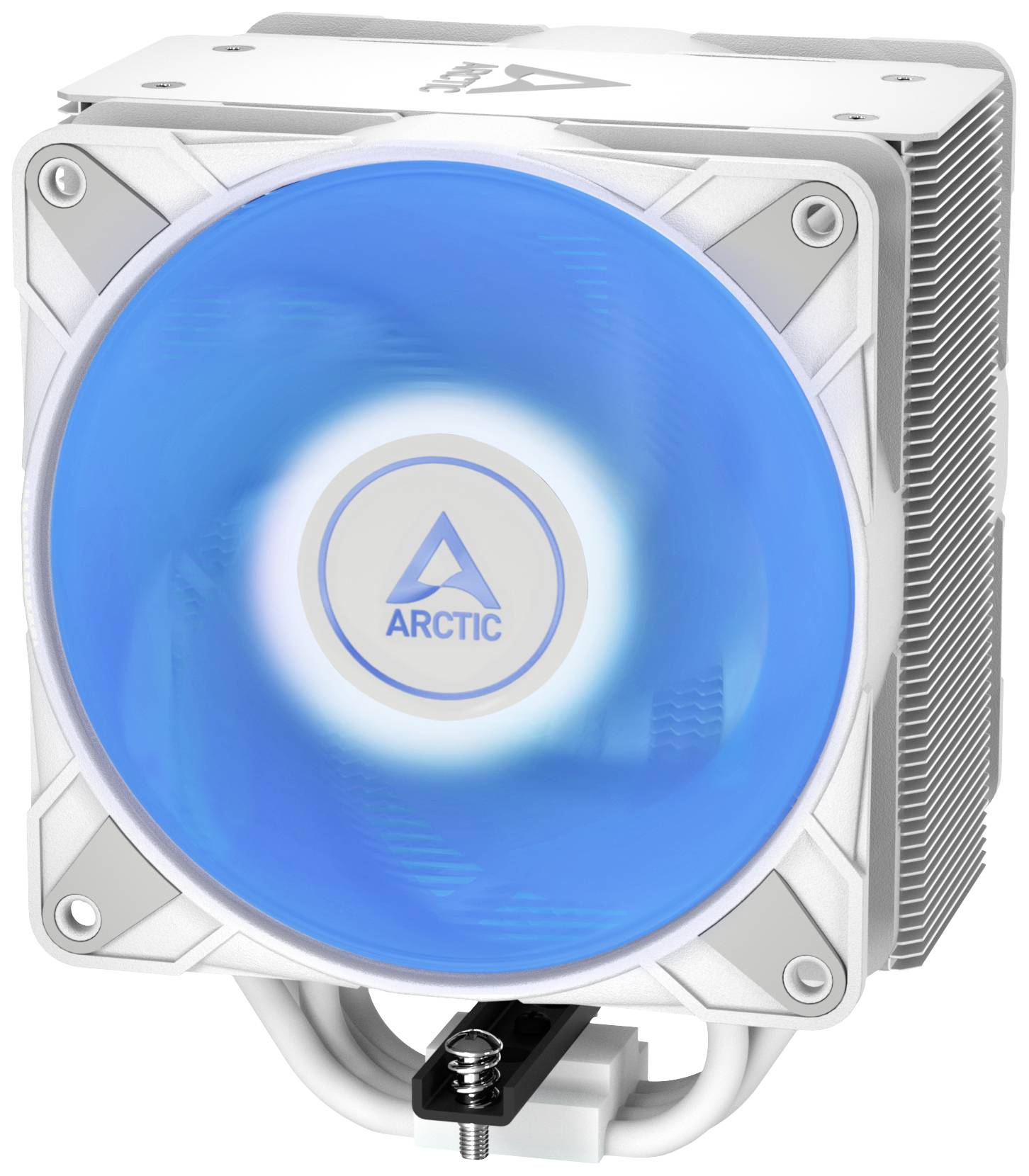 Bílý chladič CPU s rotujícím modrým ventilátorem uprostřed, vhodný pro chlazení počítače.