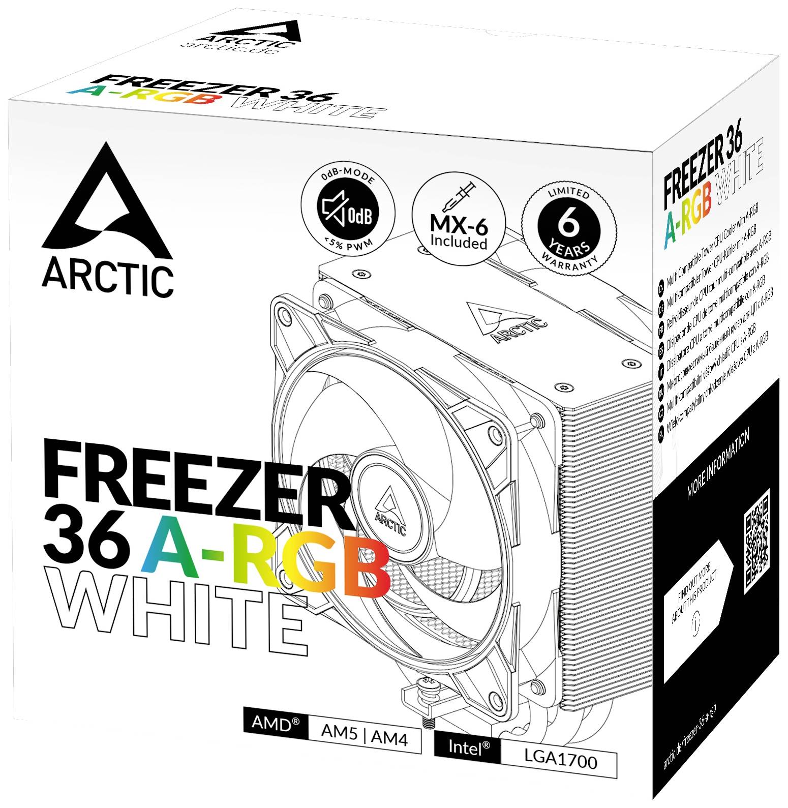 Kartonová krabice chladiče CPU 'ARCTIC Freezer 36 A-RGB White' se 6letou zárukou, kompatibilní se sockety AMD a Intel.