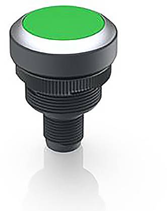 Kulatý zelený knoflík na bílém pozadí. Knoflík je připevněn na černém závitu.