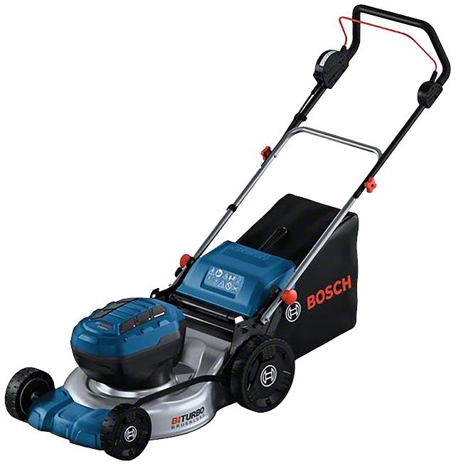 Sekačka Bosch s moderno-černým designem, velkými koly a zadním sběrným košem na trávu.