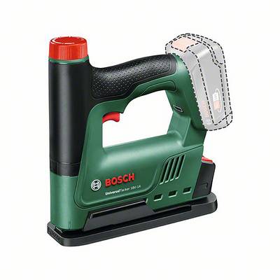 Zelená Bosch aku sponkovačka UniversalTacker 18V-14 s červeným detailem a prázdným prostorem pro baterii. Zařízení je provozováno bezdrátově.