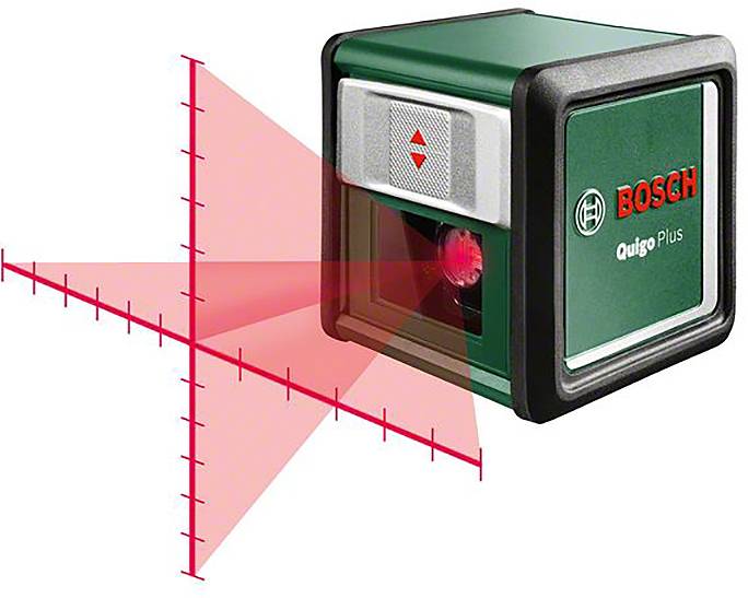 Zelená laserová vodováha Bosch Quigo Plus promítá červený křížový laserový systém, který zajišťuje přesné zaměření.