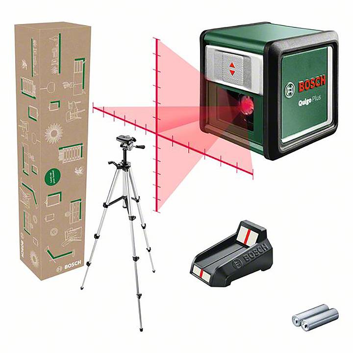 'Bosch Quigo Plus křížový linkový laser se stativem a bateriemi. Vhodný pro přesné zaměřování při stavebních a domácích projektech.'