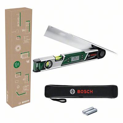 Digitální úhloměr Bosch se zeleným pouzdrem, integrovaným LCD displejem, vodováhou a příslušenstvím. Balení, taška a baterie jsou zobrazeny.