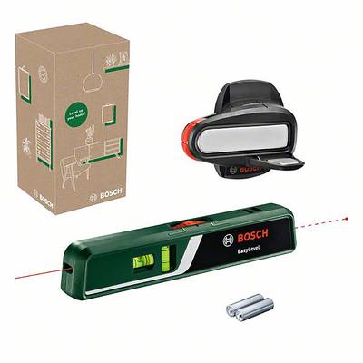 Zelený laserový nivelační přístroj Bosch EasyLevel s červeným laserovým paprskem, s obalem a bateriemi v pozadí.