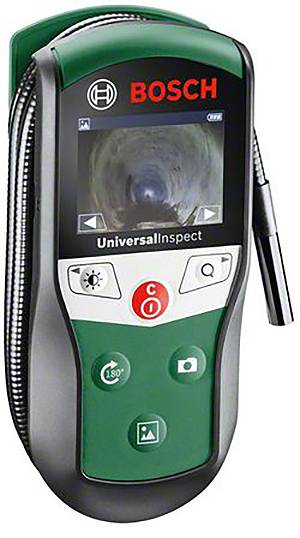 Zelené endoskopické zařízení Bosch UniversalInspect s obrazovkou a tlačítky. Zobrazuje obraz z kamery a má funkce pro nahrávání a osvětlení.