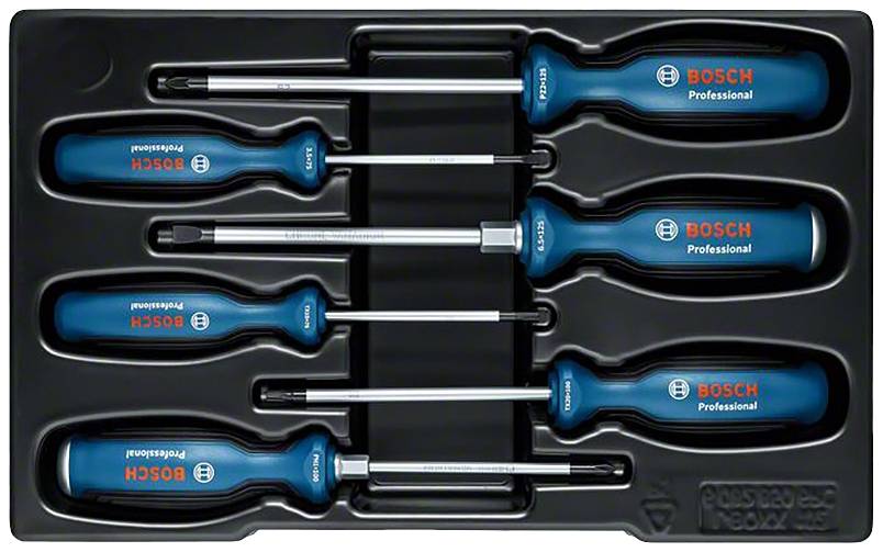 Sada šesti šroubováků značky Bosch Professional v černém plastovém držáku.