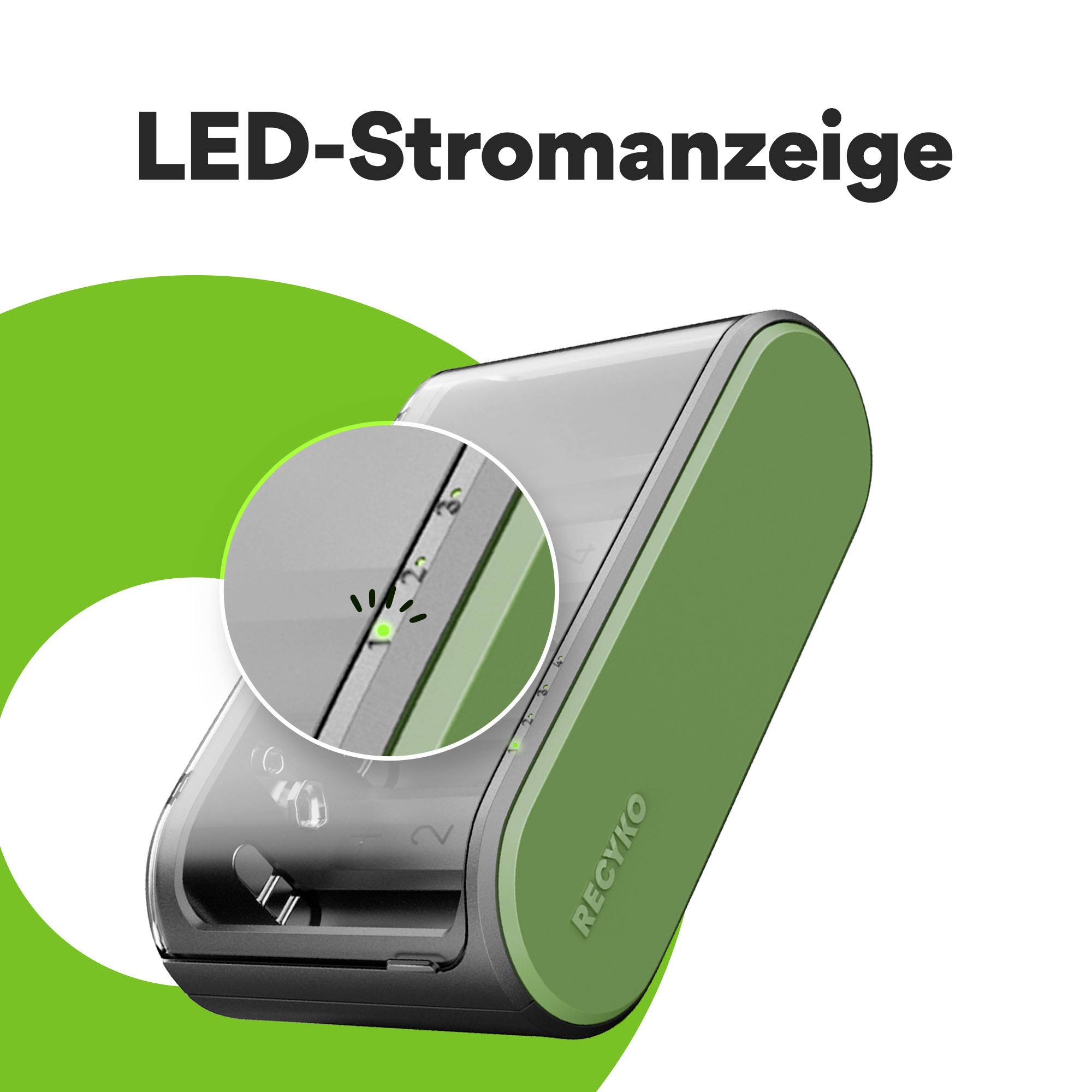Displej Ricoo pro indikaci proudu LED ukazuje zelený stav nabití chytrého zařízení.